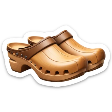 Cinematic Realistic Wooden Clogs Emoji, depicting the classic handcrafted footwear with a smooth, curved design and sturdy wooden soles, rendered with rich textures and warm, natural lighting. sticker