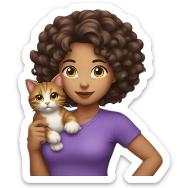 young-women,dark-long-curly-brown-hair,using-purple-tshirt,holding-a-kitty sticker