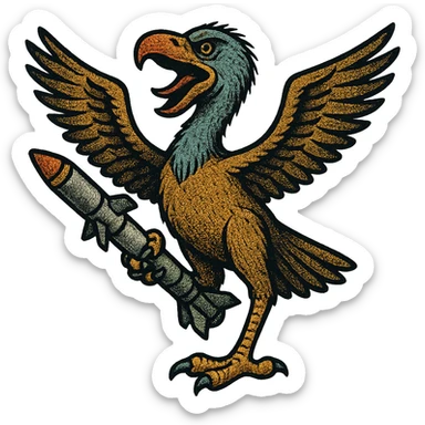 an insignia for a flag: a strange foreign alien bird creature, resembling a prehistoric phorusrhacos, gripping a sidewinder missile in its' powerful claw, standing up on its' other claw, cawing fiercely, wings spread in defiance.
 sticker