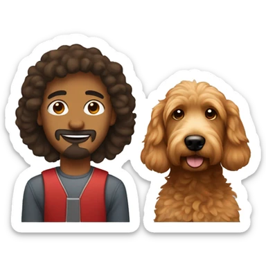 Brown man with straight hair and a red goldendoodle sticker