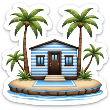 A full square 1 by 1   white and blue stripe building  horizontally with brown wooden door on a island with palm trees  sticker