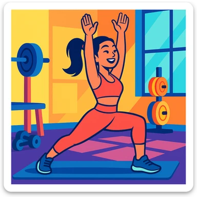 Asian woman in a yoga pose, energetic, wearing fitness attire, gym background, vibrant toon style sticker