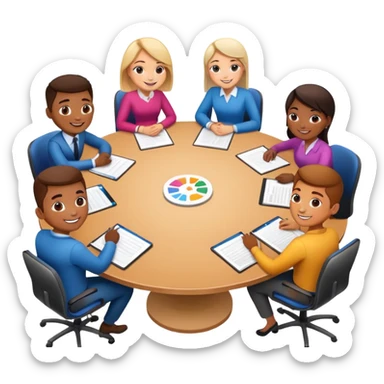 coworkers brainstorming ideas at a round conference table sticker