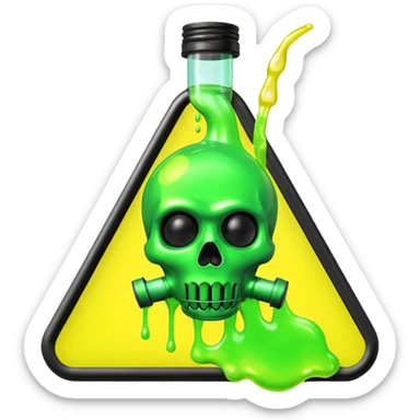 3D render of Oil Slick, toxic waste aesthetic, neon green bubbling liquid, caution yellow metal, industrial warning texture. sticker