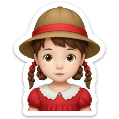 baby girl with brown hair and pigtails with red dress and a hat like My Neighbor Totoro movie sticker
