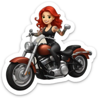A pretty red haired girl with a lots of tattoos riding a Harley motorcycle on the back wheel sticker