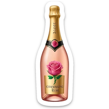 bottle of sparkling rose champagne tilted up and to the right, with a rose logo, no glass sticker