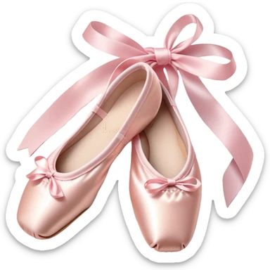 Cinematic Realistic Ballet Shoes, soft satin pink pointe shoes with delicate ribbons, resting gently on a polished wooden floor, subtle creases in the fabric, glowing under the warm golden light of a rehearsal studio, evoking elegance and grace. sticker