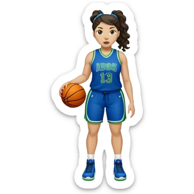 full body plus size light skin latino women basketball player with wavy dark hair in pony tail wide nose wearing blue uniform with green accent sticker