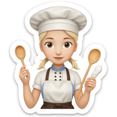 Young female pastry chef - ponytail, apron, wearing a white hat, holding a cream piping bag sticker