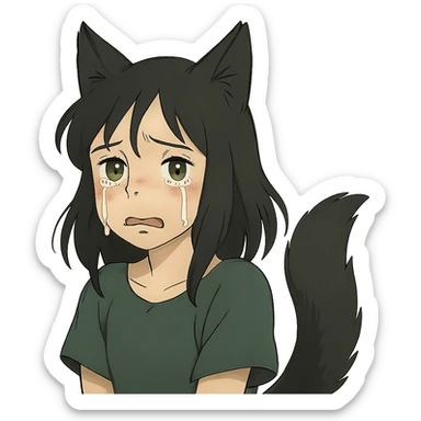 A girl with tears, black fox ears, and a tail, green eyes, dark hair sticker