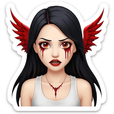 White woman with a white tank top long black hair glossy middle part long hair vamp look with fangs or blood dripping down lips brown eyes eyeliner winged with lashes top and bottom white border sticker