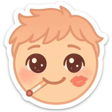 kawaii emoji face smirking with a cigarette, red lipstick smudge, tousled hair, neon lighting, expression of 'forbidden love', inspired by Romeo + Juliet 1996 aesthetics, discord emoji size sticker