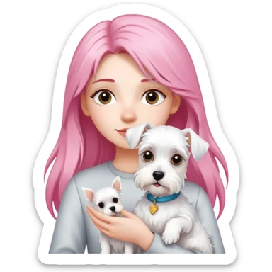 Girl with long pink hair holding a white schnauzer dog sticker