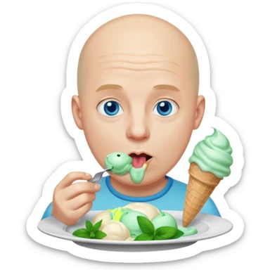 Bald man with blue eyes licking mint ice cream from a plate sticker