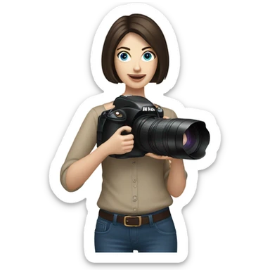 Portrait of woman with blue eyes and dark brown bob hair holding a nikon camera sticker