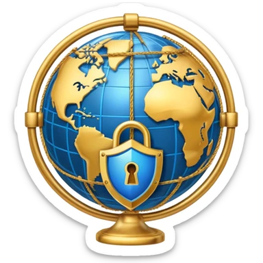 A secure network icon with shield and lock protecting a globe with network connections sticker