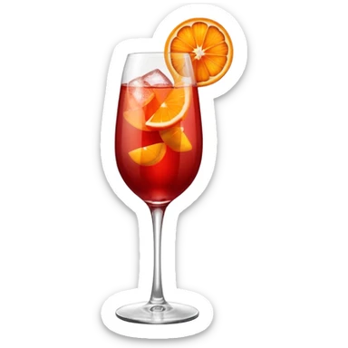 A tall elegant wine glass filled with bright red Campari spritz, with bubbles, an orange slice, and a curled orange peel garnish. sticker