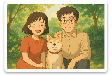 couple with pet posing for photo sticker