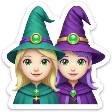 Make a blonde girl with green glowing headset on with teal eyes and a purple haired girl with green eyes waering a purple wit hes hat haveing fun , make them a chibi emoji page sticker