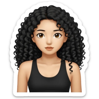 Korean woman with black cute long curly hair  with a black top tank with long lashes sticker
