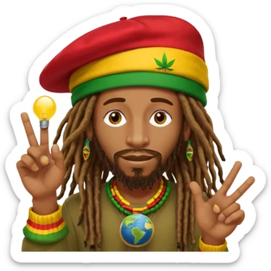 A rasta man bigging up di whole world 🎯🌍👊🏾👊🏻👊🏿🌍🎯 reggae vibes 🎶, love and unity ✨💛💚❤️, every nation stand strong 🇯🇲🌐 with the world in his hand fully of energy and it's obvious reggae music heals the soul maybe put it in text above his heard sticker