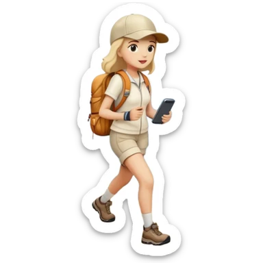 Full body woman hiking on mountain trail cream clothes baseball cap sticker