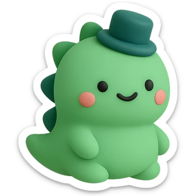 A cute little green dinosaur wearing a small top hat sticker