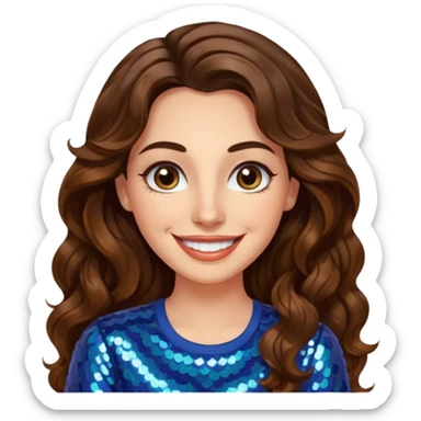 30 yr old italian woman, long brown wavy hair, big brown eyes, huge smile, sequin shirt, no bangs,  sticker