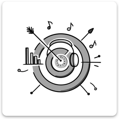 square emoji symbol of a symmetrical target with musical marketing details including headphones, musical notes, bar chart, doodle style, for online course cover sticker