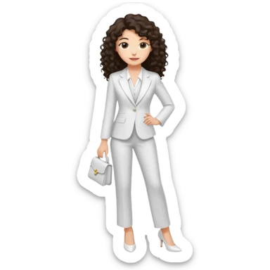 Chica joven con una sonrisa suave con cabello largo rizado y oscuro, piel clara, vestida con un traje blanco elegante y tacones bajos blancos sticker