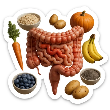 intestino umano anatomico infiammato con carota, bowl di avena, mirtilli, bowl di semi di chia, patate, banane, zucca, bowl di riso che gli fluttuano dietro, iperrealistico 4k sticker
