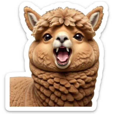 Cinematic Cute Yawning Brown Alpaca Portrait Emoji, Head tilted slightly with a dramatic, wide-open yawn, showcasing a soft, plush brown fleece with gently drooping ears, round warm eyes barely open in drowsy contentment, Simplified yet irresistibly adorable features, highly detailed, glowing with a soft, cozy glow, high shine, relaxed yet expressive, stylized with a touch of whimsy, bright and endearing, soft glowing outline, capturing the essence of a sleepy yet affectionate alpaca, so drowsy it feels like it could stretch out of the screen and curl up for a nap! sticker