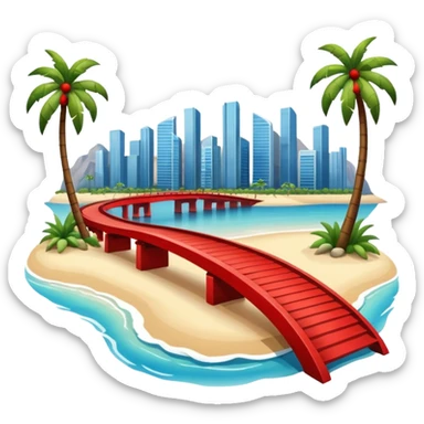  island with modern buildings, beaches with palm trees, and a red bridge on one side sticker