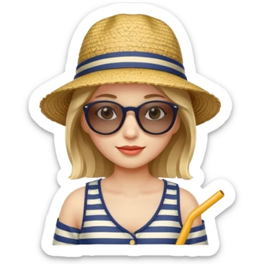 woman with striped clothing sun glasses and straw hat sticker