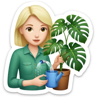woman watering her monstera plant sticker