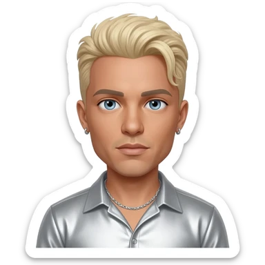 Vanilla Ice with light skin,blue eyes, sandy blonde hair, silver metallic shirt, silver necklace and short earrings sticker