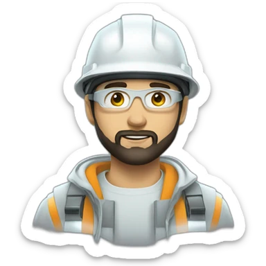 A young electrical engineer with a light black beard, a white helmet and a phosphorescent protection jacket sticker