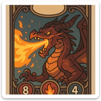 collectible card of a powerful fire dragon breathing flames with health, fire, and armor icons displayed, highly detailed, ornate fantasy card design, glowing effects, dynamic composition sticker