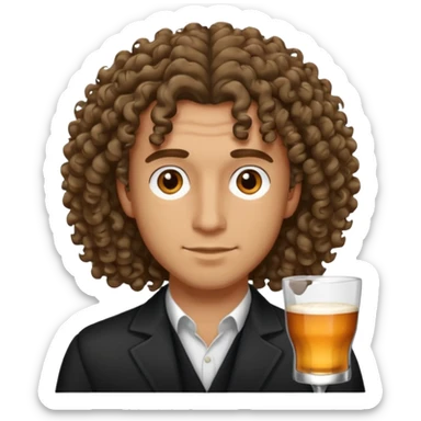 Male, shoulder length curly hair, bar slinger sticker