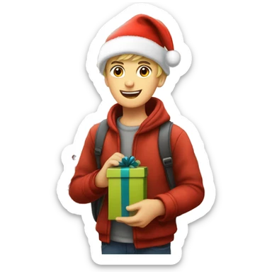 German boy going christmas shopping, buying a lot of gifts, wearing warm clothes and a christmas hat sticker