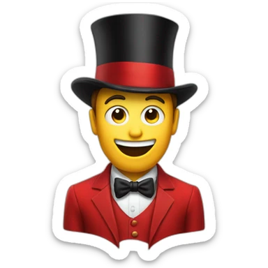 An entertainer in a red suit who has an open jaw instead of a head, and inside the jaw there are two eyes, and he also has a black top hat sticker