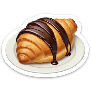 There's a croissant with chocolate syrup on a pale purple napkin sticker
