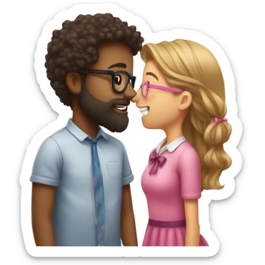 a girl with no glasses and long hair with a pink bow in her hair kissing a boy who has a beard and glasses and also wearing a bow on his head sticker