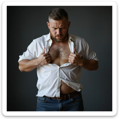 realistic 4K man lifting his shirt to show his belly, expression of discomfort, realistic environment sticker