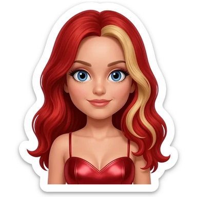 Baby Spice from Spice Girls with blue eyes, long red hair with blonde highlights, red metallic sweetheart dress sticker