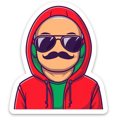 middle-aged man with thin mustache, black aviator sunglasses, red hoodie with hood covering head sticker