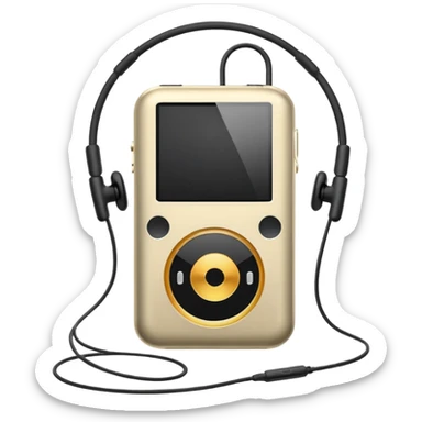 Futuristic iPod emoji with earphones, metallic black and white, smooth reflective surfaces, flat minimal vector design, clean UI style sticker