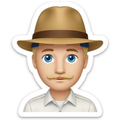 Justin Jeffre blue eyes, blonde hair and brown mustache, white shirt and hat sticker