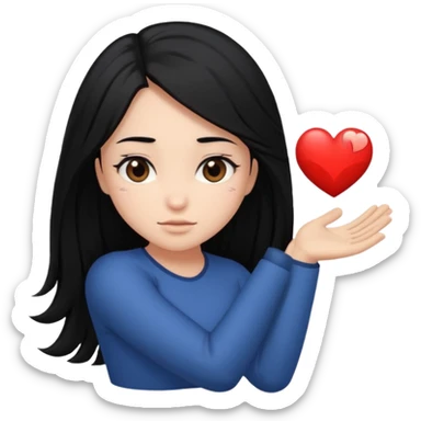 character with long black hair past elbow,  round, downturned dark brown eyes, heart shape face sticker